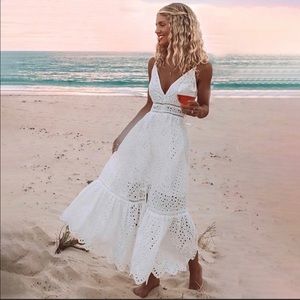 Boho V-Neck Long White Fit & Flared Cami Dress